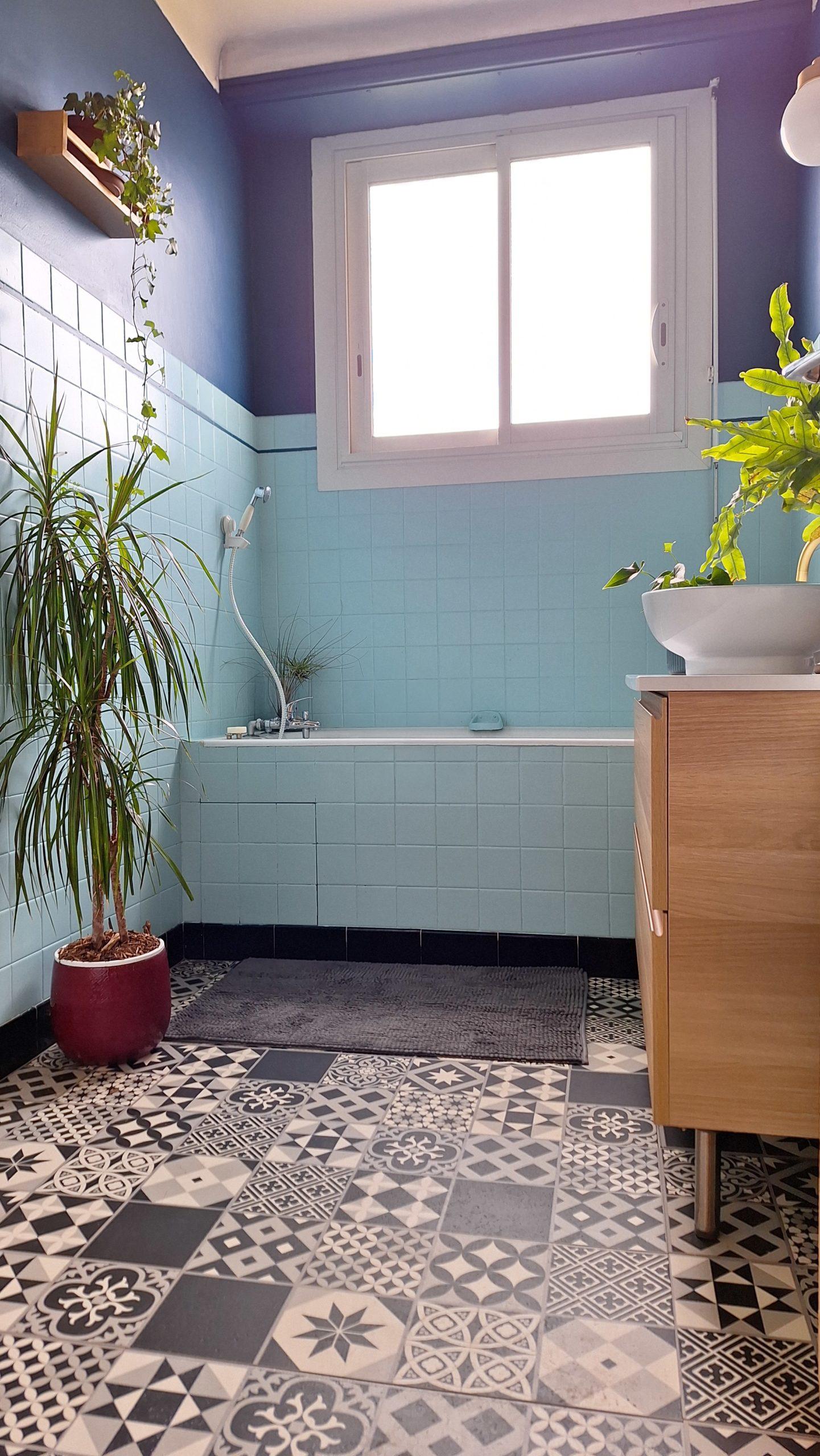 Salle de bain bleu avec plantes d'intérieur